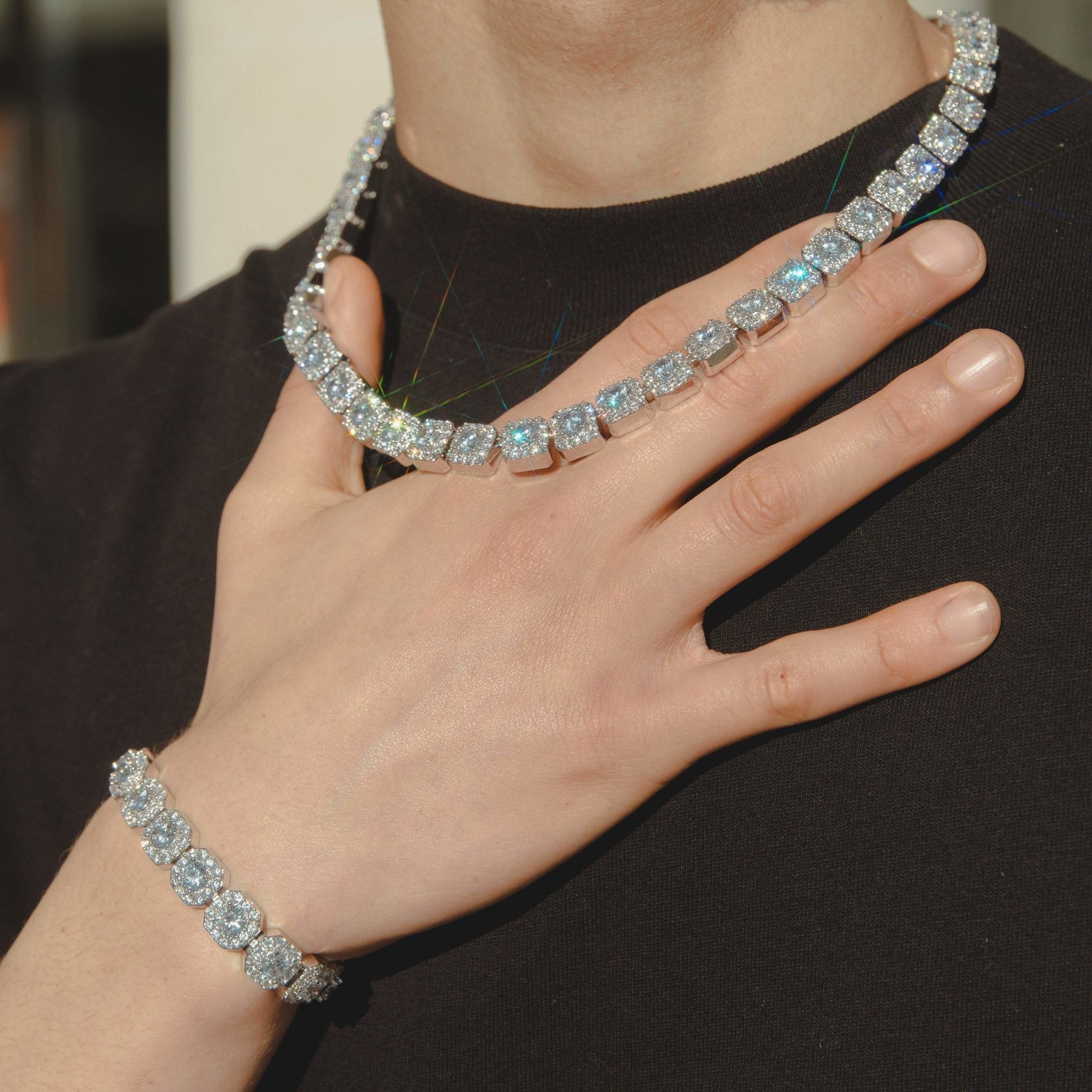 10mm Clustered Tennis Chain + Bracelet Bundle - White Gold - Cernucci